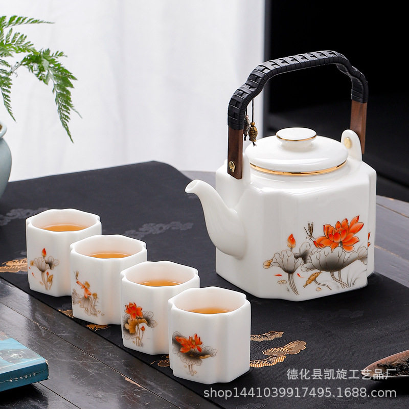 新款大容量提梁壶茶杯茶具套装羊脂玉瓷礼盒装家用送礼茶具
