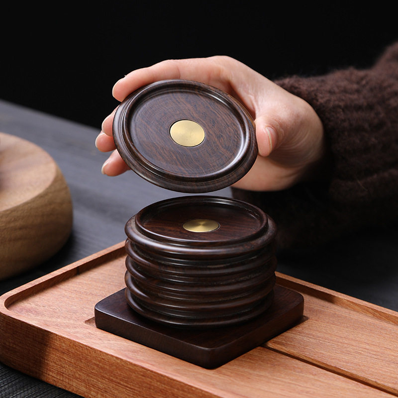 黑檀木圆形茶杯垫套装实木杯托铜木结合茶道配件办公室高档茶托