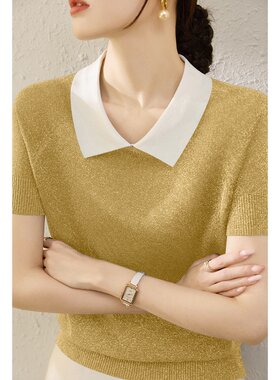 2026年春夏季女拼色短袖T恤上衣宽松显瘦POLO领套头针织衫女款