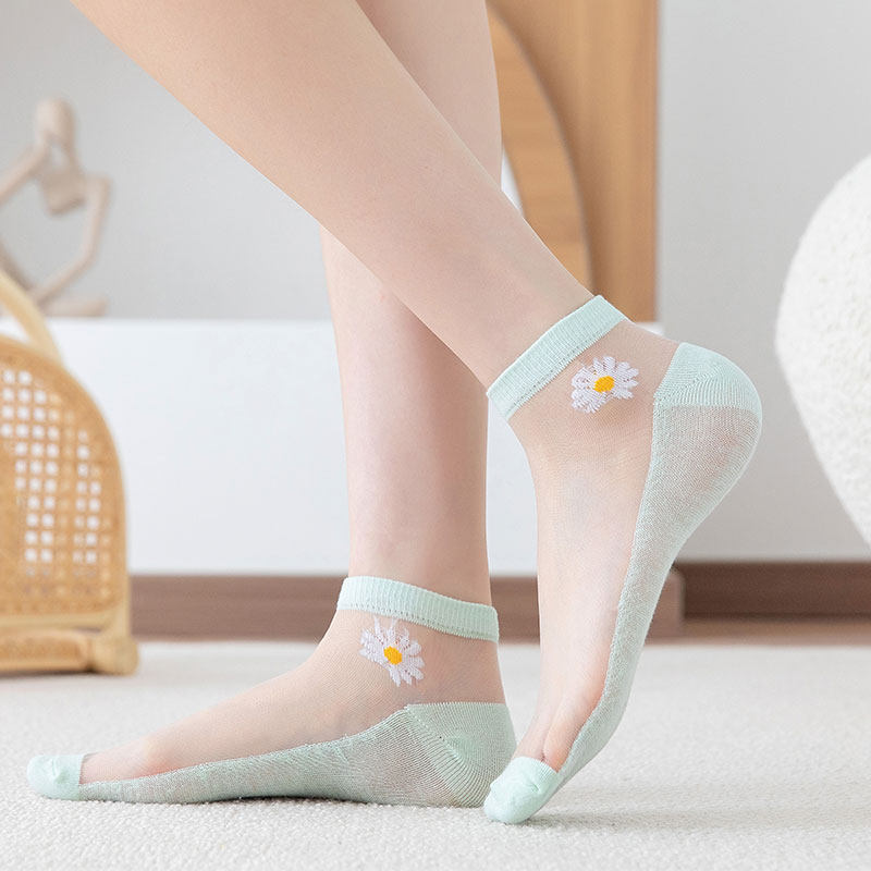 小雏菊袜子女春夏季薄款ins潮水晶袜女短袜浅口船袜棉底玻璃丝袜