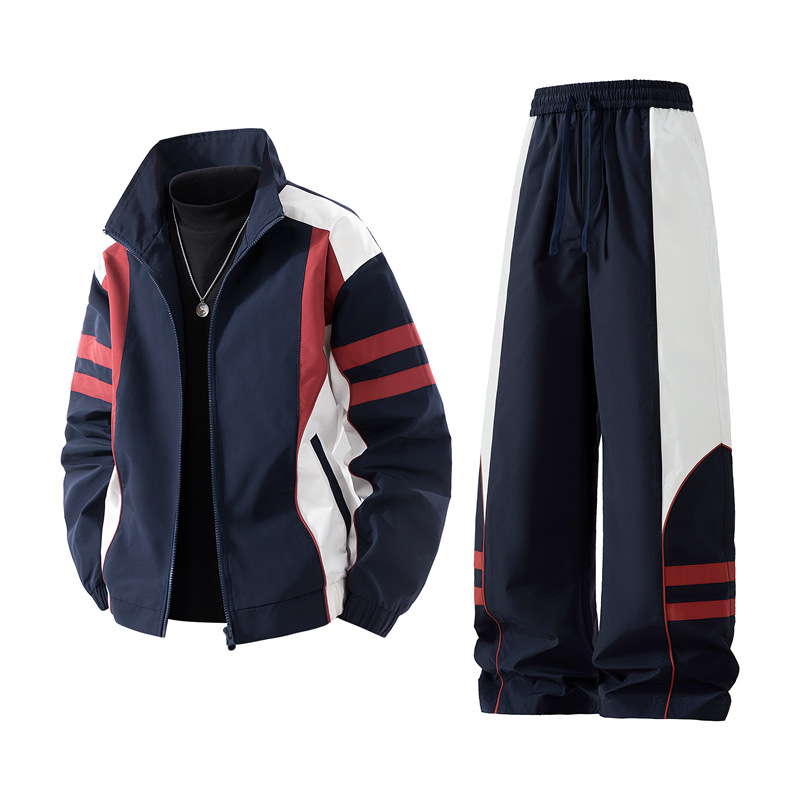 裴乐春秋户外休闲速干男女款拼接立领运动风套装潮流男夹克阔腿裤