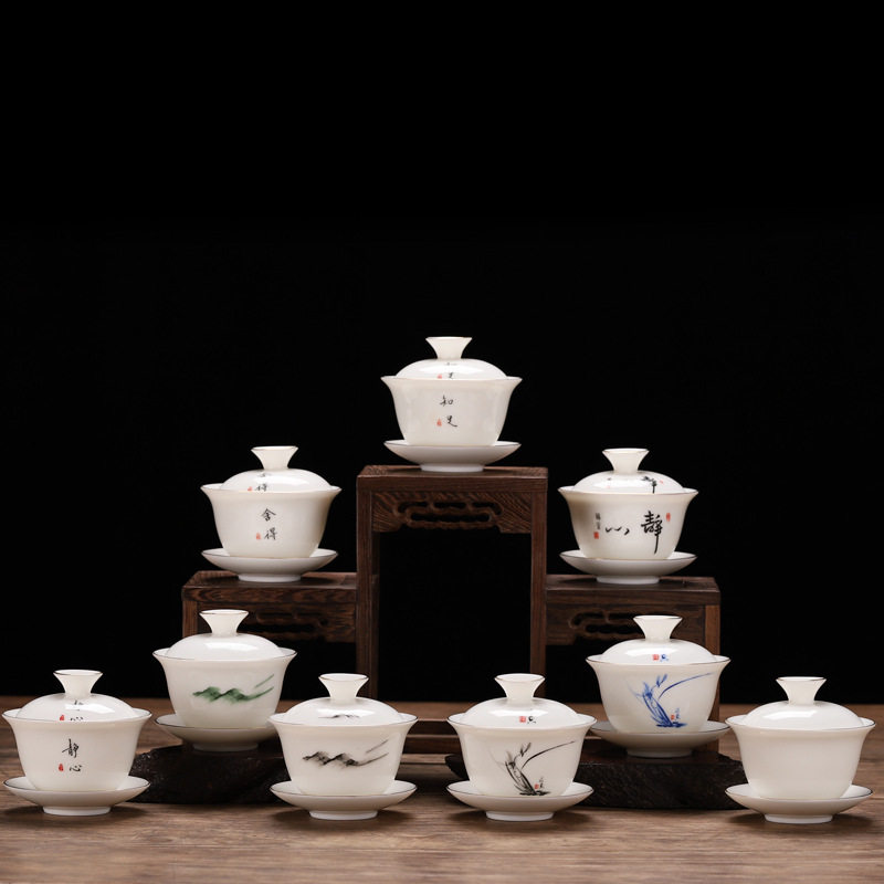 德化陶瓷羊脂玉3.2三才盖碗单个茶盏功夫茶具茶碗茶杯定制LOGO,餐饮具,盖碗,淘宝优惠券,粉丝福利购,淘宝优惠卷