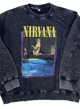 新款涅槃Nirvana Vintage摇滚做旧水洗蜡秋冬季加厚宽松圆领卫衣