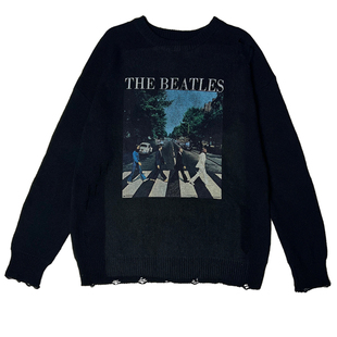 秋冬季THE BEATLES 披头士摇滚复古加厚破洞针织衫毛衣男士
