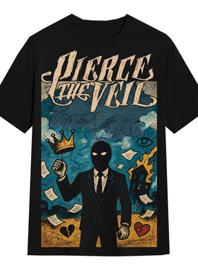 Pierce The Veil皮尔斯面纱黑金属乐队暗黑美式重磅男纯棉T恤短袖
