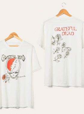 Grateful Dead感恩而死乐队玫瑰骷髅头美式休闲摇滚朋克机车男T恤