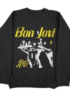 美式复古秋冬季邦乔维Bon Jov重金属乐队纯棉宽松重磅圆领卫衣男
