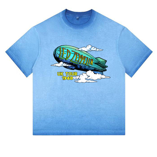 Led Zeppelin齐柏林飞艇乐队摇滚Vintage蓝色水洗复古男士美式T恤