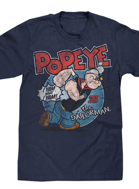 2024新款Popeye大力水手美式复古灰色休闲男士数码直喷印花短T恤