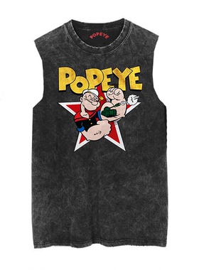 1960年Popeye the Sailor大力水手波派做旧水洗复古蜡染无袖T恤