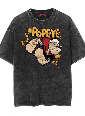 1960年Popeye the Sailor大力水手波派做旧水洗复古蜡染短袖T恤