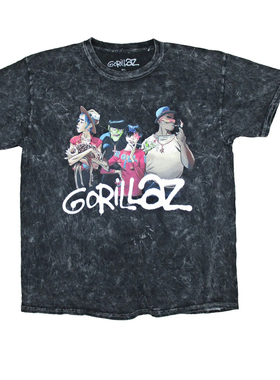 2024新款 Gorillaz街头顽童英国虚拟乐队摇滚动漫水洗做旧宽松T恤