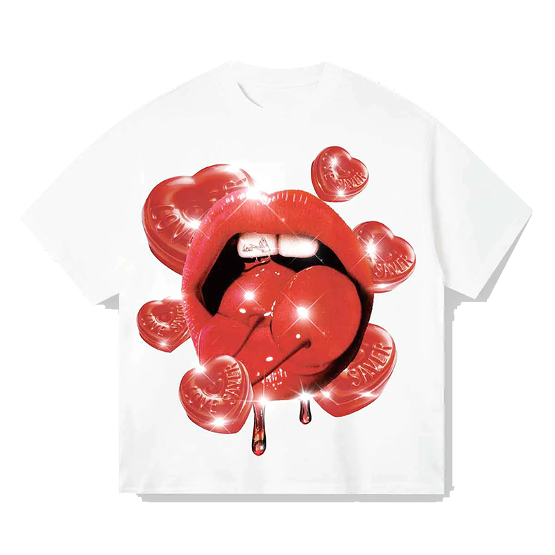欧美潮牌大嘴唇珠宝富豪嘻哈街头原宿风大印花直喷宽松男短袖T恤