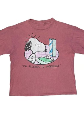 SNOOPY史努比漫画我对早晨过敏印花红色水洗复古短袖纯棉直喷T恤