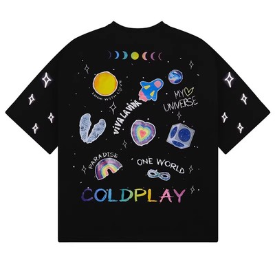 2026新款酷玩乐队Coldplay摇滚重磅潮牌水复古洗宇宙星空男T恤