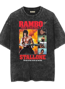 电影联名First Blood第一滴血史泰龙做旧水洗复古蜡染宽松短袖T恤
