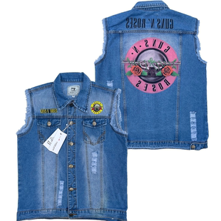 Guns N’ Roses枪花乐队玫瑰与枪花摇滚无袖牛仔背心马甲牛仔衫