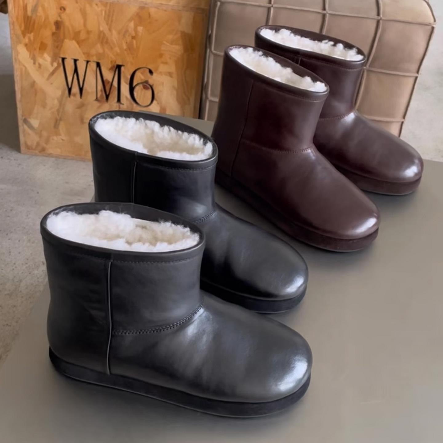 牛皮圆头套筒羊毛百搭休闲雪地靴