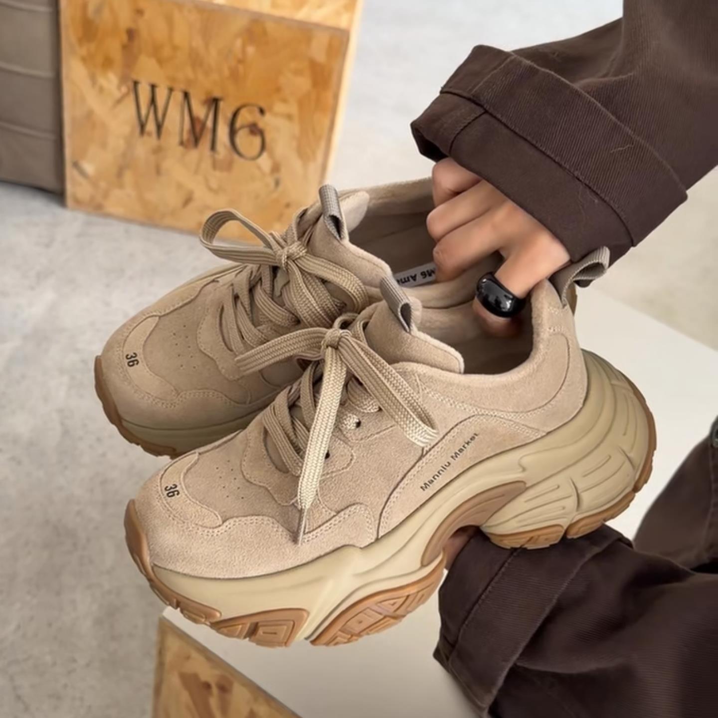 牛猄皮圆头系带厚底绒里休闲鞋