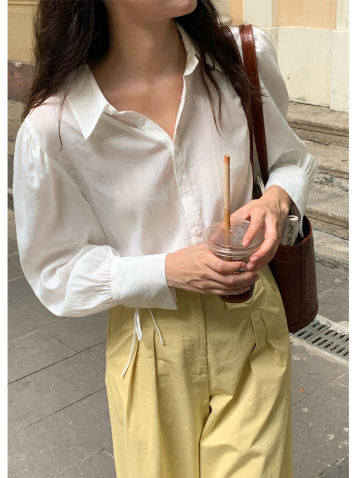 PERIWINKLE BLUE SHIRT WOMENS SPRING 2024 KOREAN VINTAGE LADIES BLUE STRIPED SHIRT LOOSE LONG SLEEVE TOP