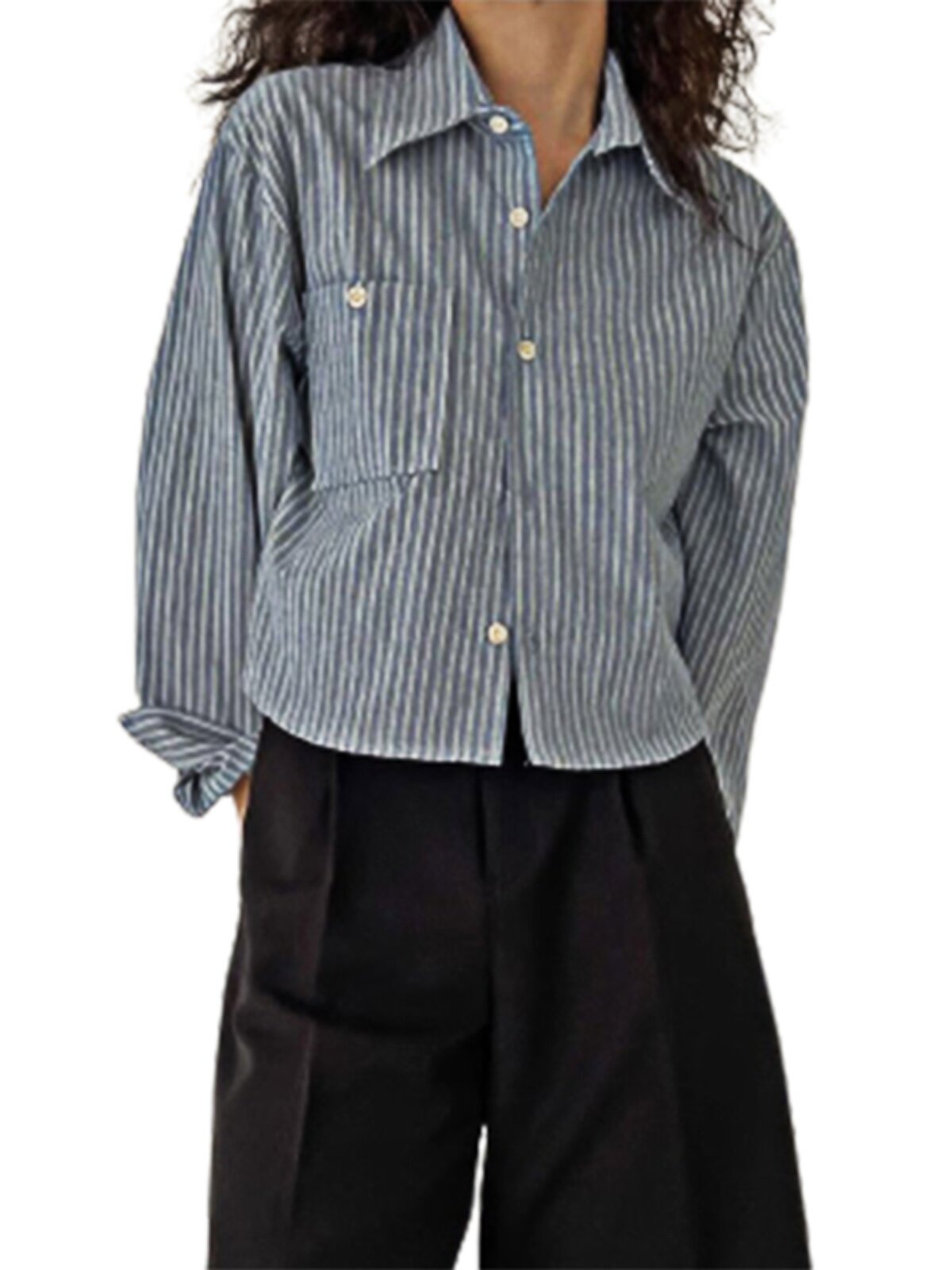 [SPOT] BLUE VERTICAL STRIPED SHIRT WOMENS EARLY SPRING 2024 KOREAN NICHE FRENCH LONG SLEEVE SHIRT TOP