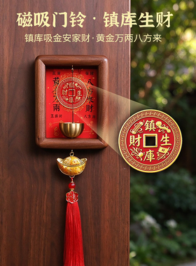 镇库生财元宝门铃 新中式实木磁吸招财挂件店铺开业新居乔迁摆件