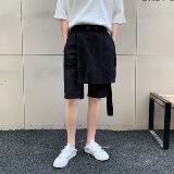 夏季新款飘带前盖布设计五分黑色短裤个性气质A345-1088-P55，男装牛仔裤，电商A345