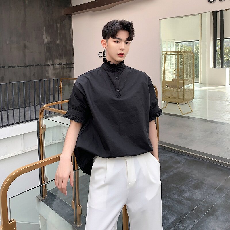 夏季轻奢风荷叶边小立领前后穿男短袖黑衬衣A345-1062-P65,男装T恤,电商A345