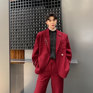 秋冬复古个性设计铁环装饰酒红色西服上衣男A345-1030-P135图片