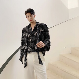 2020BFY原创新款椰树叶印花韩版长袖衬衣男领带装饰A345-1181-P75图片