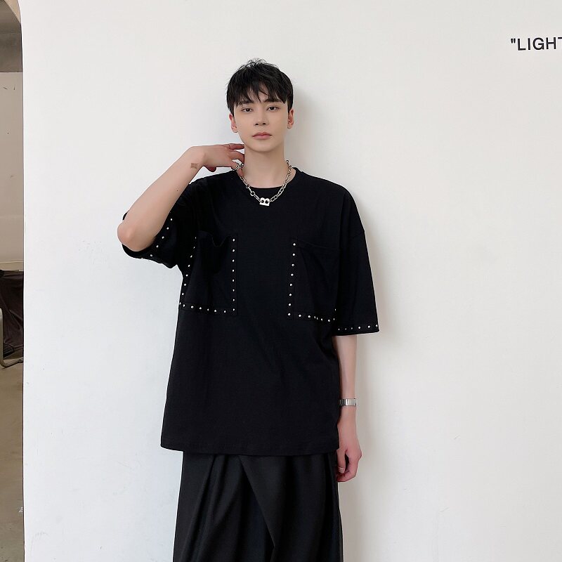 原创夏季新款圆领黑色织带铆钉装饰t恤休闲男潮半袖A345-1805-P55,男装T恤,电商A345