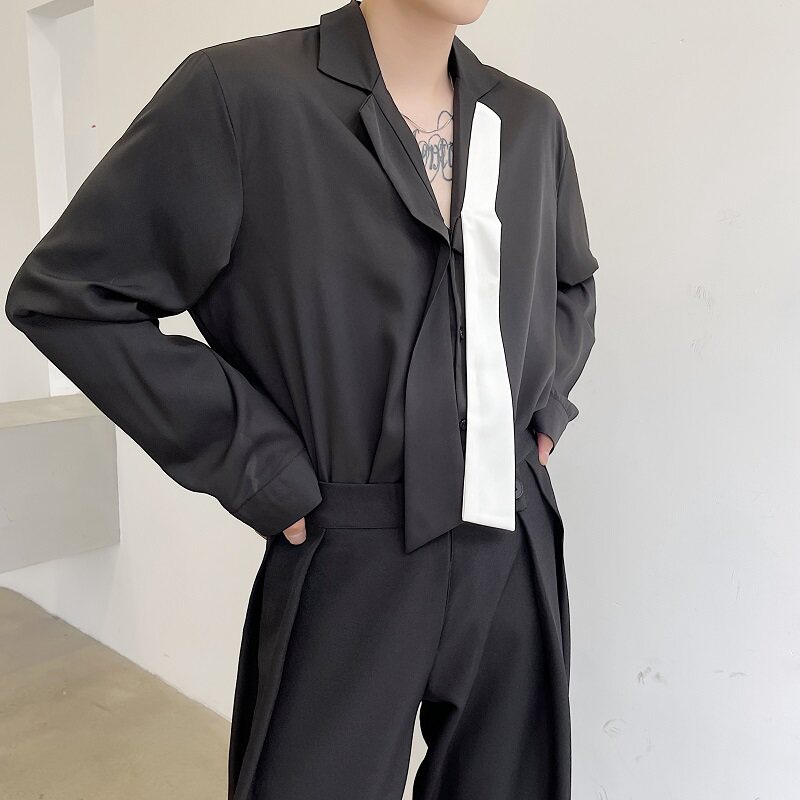 韩版宽松休闲黑白领带飘带西服领垂感长袖衬衣潮男A345-1139-P75,男装西服,电商A345