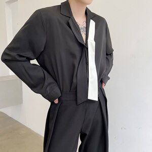 韩版宽松休闲黑白领带飘带西服领垂感长袖衬衣潮男A345-1139-P75图片