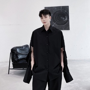 2025新款暗黑风小众原创设计条纹拼接可拆袖衬衫潮A345-1217-P75图片