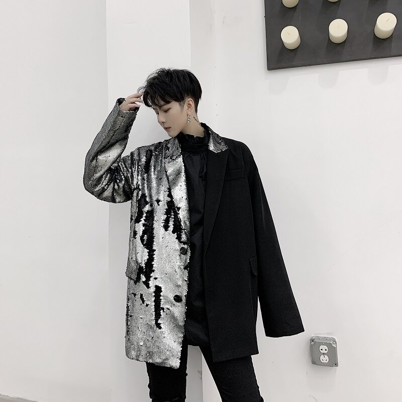 原创青年免烫新款亮片拼接撞色长袖西服外套上衣潮A345-126-P145,男装西服,电商A345
