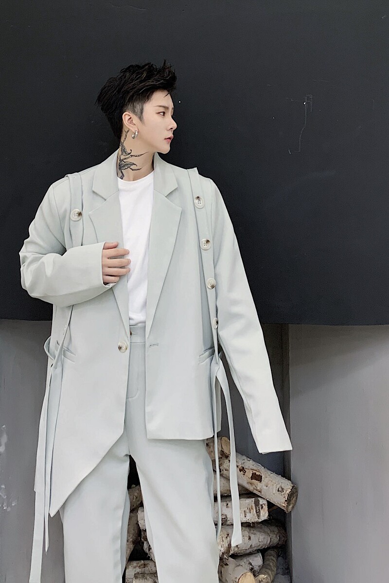 米白不对称单排扣中性复古绑带男女同款西服上衣A345-1170-P135,男装西服,电商A345