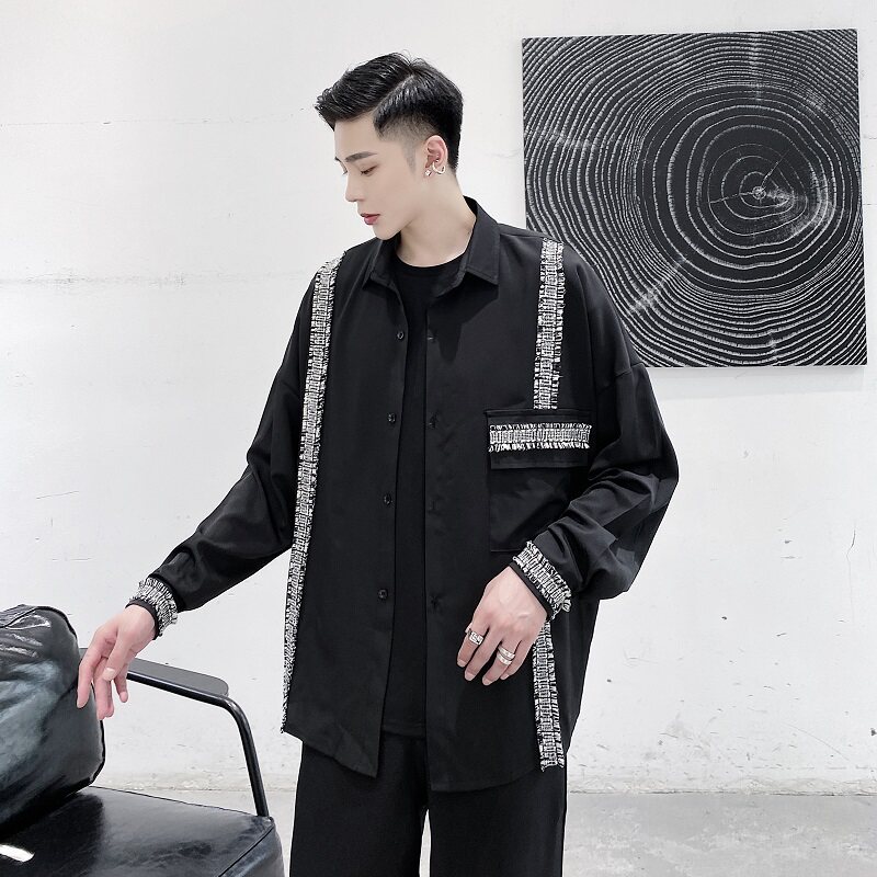 2025秋款复古风不规则宽松长袖时尚洋气黑色衬衣男A345-1207-P75,男装衬衫,电商A345