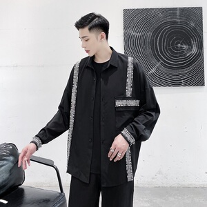 2025秋款复古风不规则宽松长袖时尚洋气黑色衬衣男A345-1207-P75图片