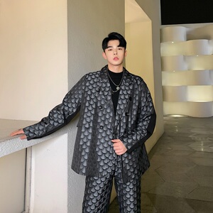 秋季新款男士休闲西服贝壳印花双排扣撞色外套潮A345-1152-P135图片