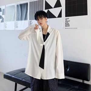韩版宽松休闲黑白领带飘带西服领垂感男长袖衬衣潮A345-1139-P75图片