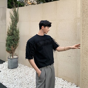 羽叶茑萝水溶立体刺绣宽松版黑色T恤设计师男装A345-1061-P55图片