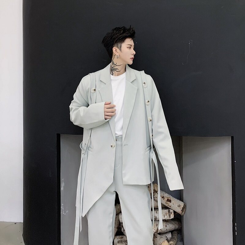 浅灰色不对称单排扣中性复古绑带男女同款西服上衣A345-129-P135，男装西服，电商A345