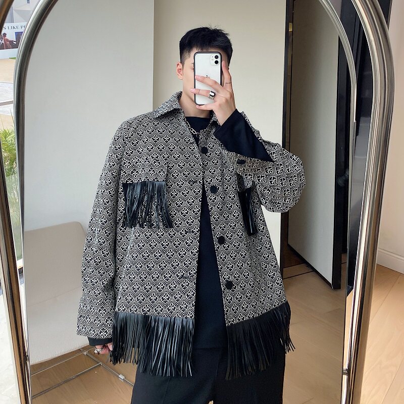 个性格子外套男2025秋新款休闲小香风流苏长袖夹克A345-1838-P125,男装夹克,电商A345
