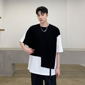 夏季黑暗个性黑白撞色不规则拼接休闲短袖男潮A345-1802-P55图片