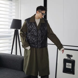 冬季休闲军绿长款大衣拼黑色棉马甲二件套韩版潮男A345-1606-P225图片