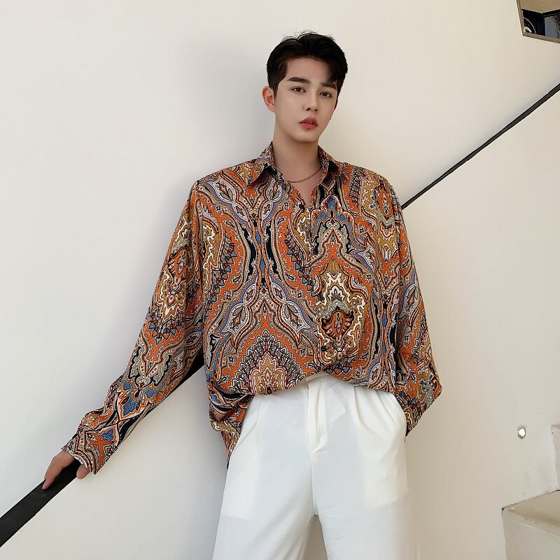 欧美男装2025春夏民族风图腾印花小众设计感衬衫A345-1188-P75,男装民族服装,电商A345