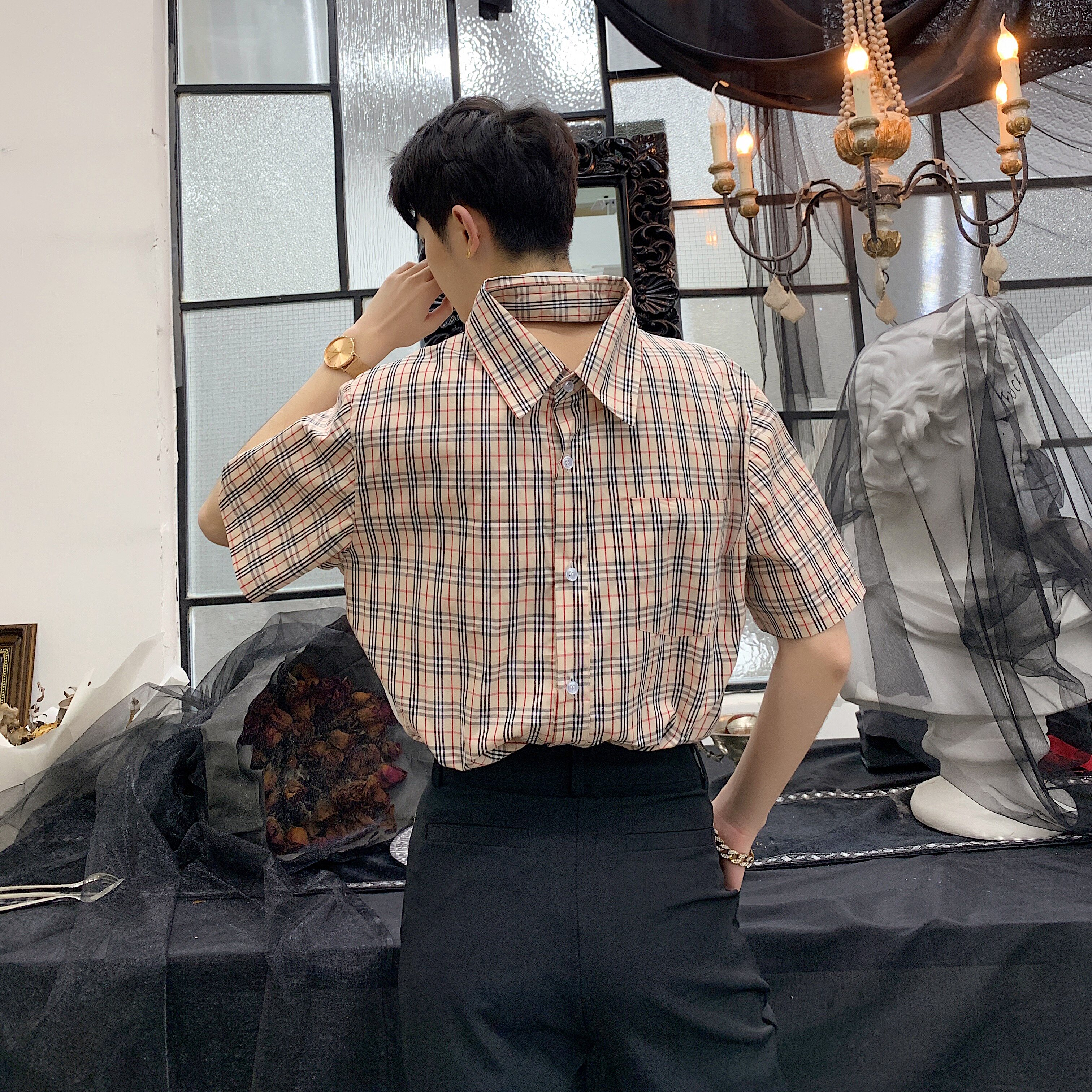 假两件咖色条纹短袖衬衣前后可穿男夏季韩版上衣A345-1071-P65,男装T恤,电商A345
