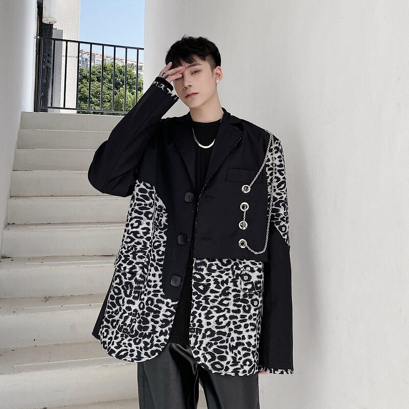 韩版复古豹纹拼接西服设计感个性小众西装男潮A345-1226-P135图片