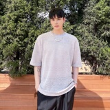 夏季新款灰色宽松圆领t恤休闲网眼纯棉半袖潮男A345-1800-P50，男装T恤，电商A345