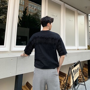 羽叶茑萝水溶立体刺绣宽松版黑色T恤设计师男装A345-1061-P55图片